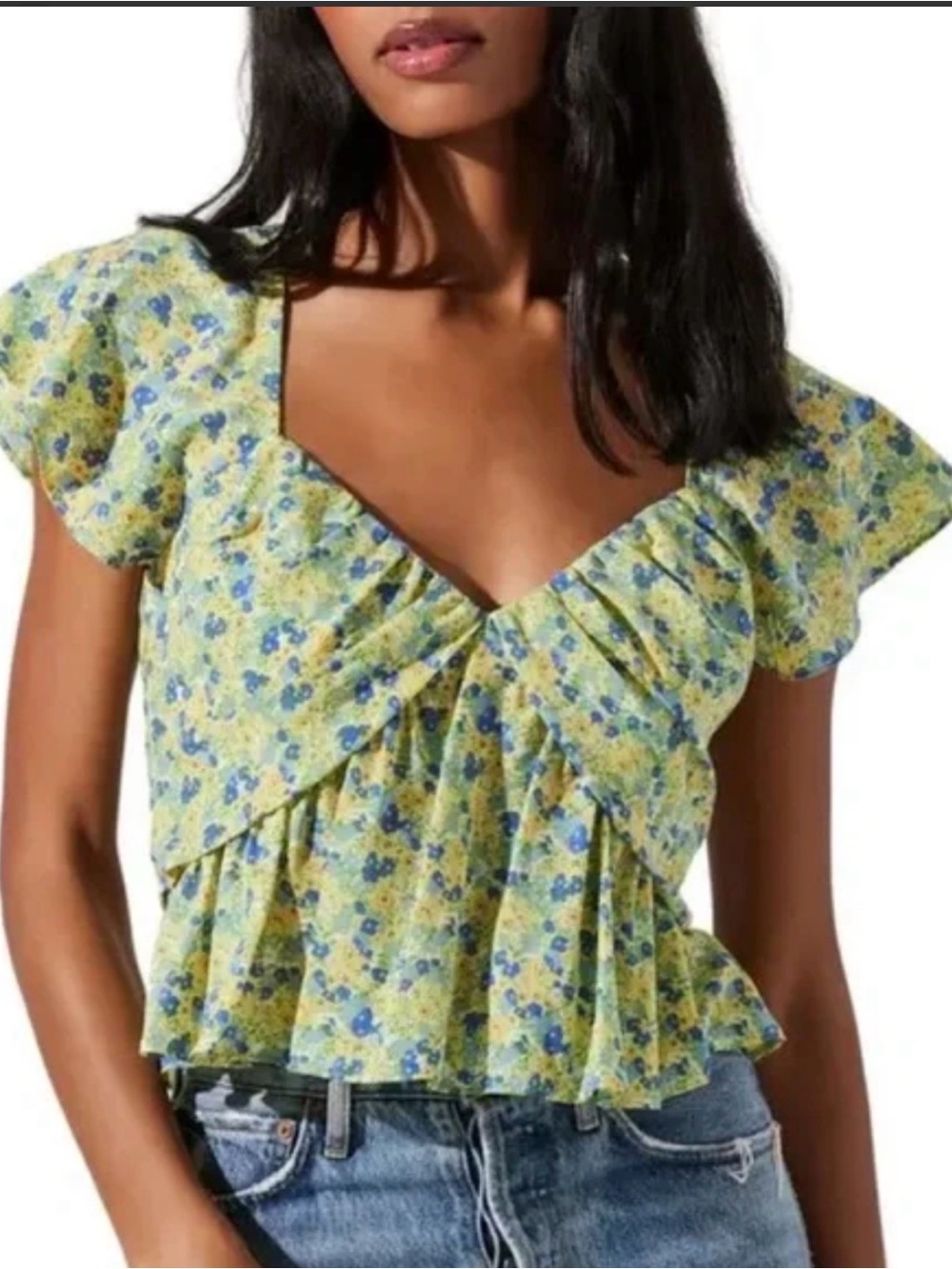NWT ASTR The Label Floral Print Flutter Sleeve Peplum Top Size Large